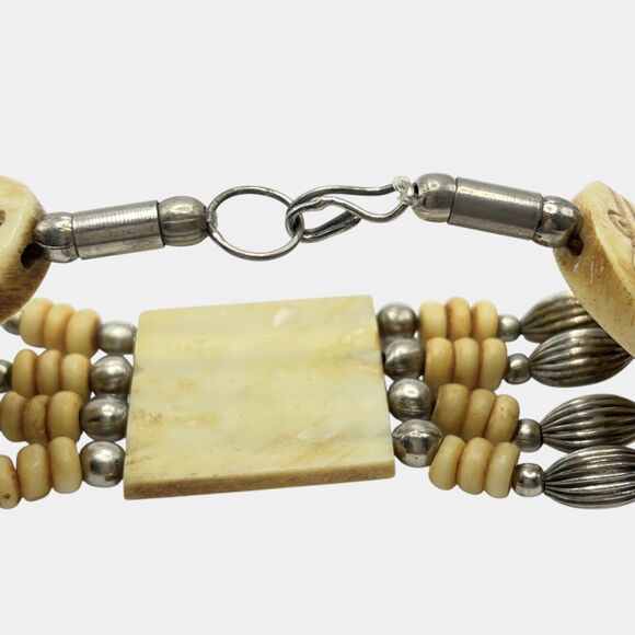 Vintage Carved Bracelet Flower Tile Beaded Handmade India Artisan Boho Hippie - Picture 10 of 11